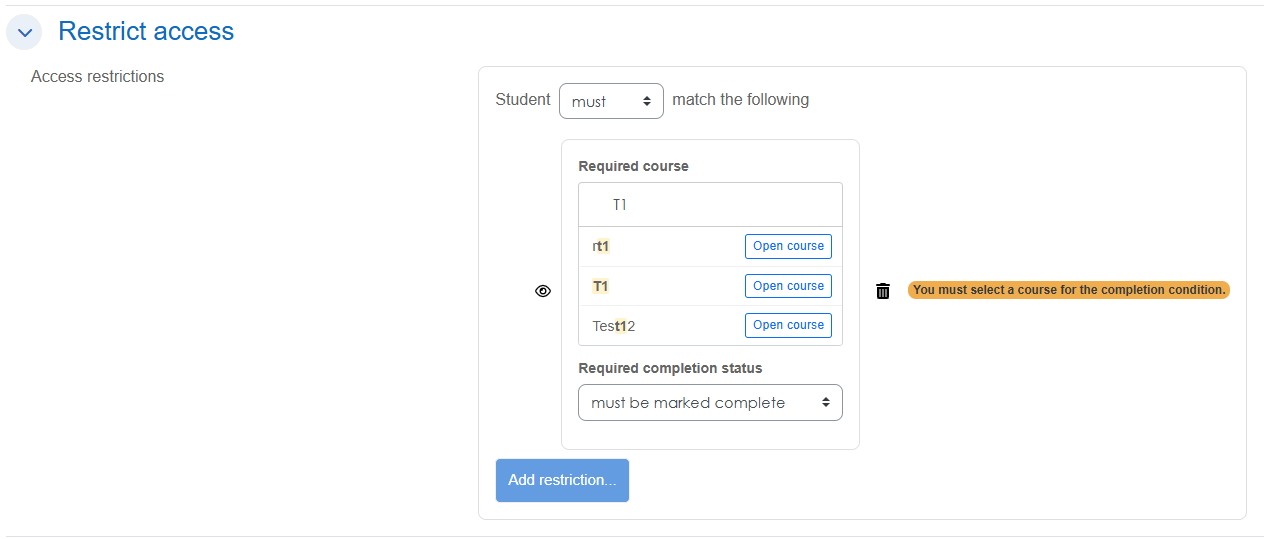 Restriction by prerequisite course