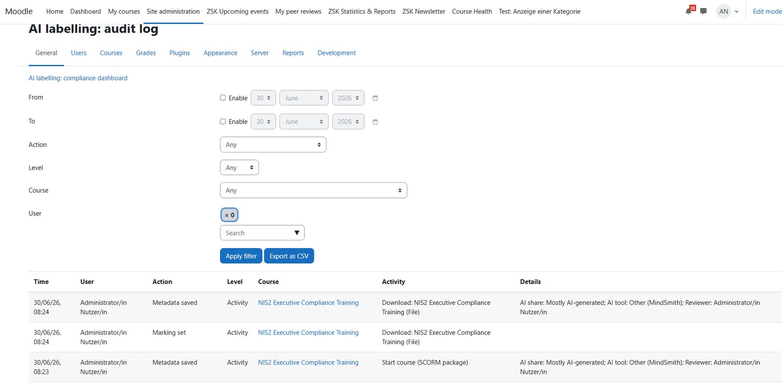 ZSK AI course labelling - Transparenz, wo KI in Moodle eingesetzt wurde