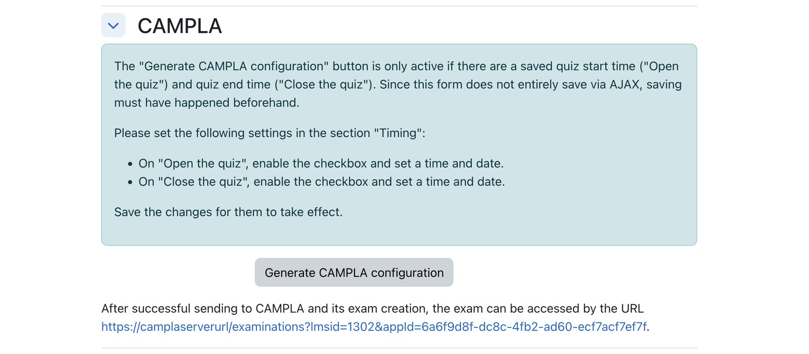 CAMPLA exam configuration